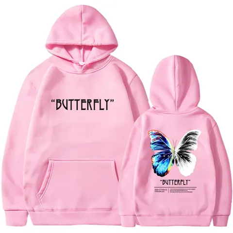 Butterfly Print Fleece Lined Hoodie Oversized Streetwear Pullover Sweatshirt For Men Women Casual Top