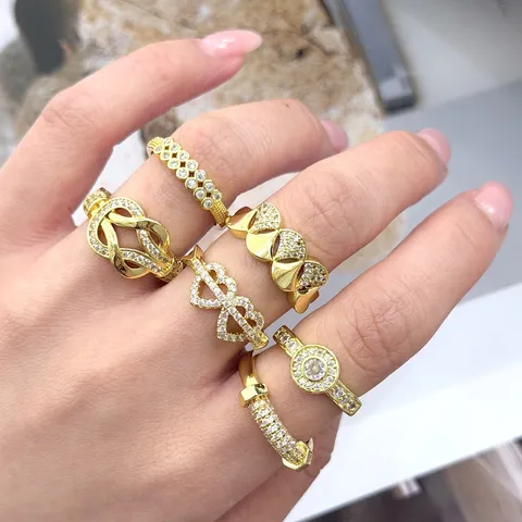 Anello Aperto in Rame Placcato Oro 18K Zirconia Vintage Geometrico Regolabile per Donna Retro INS Stile Gioielli Regalo