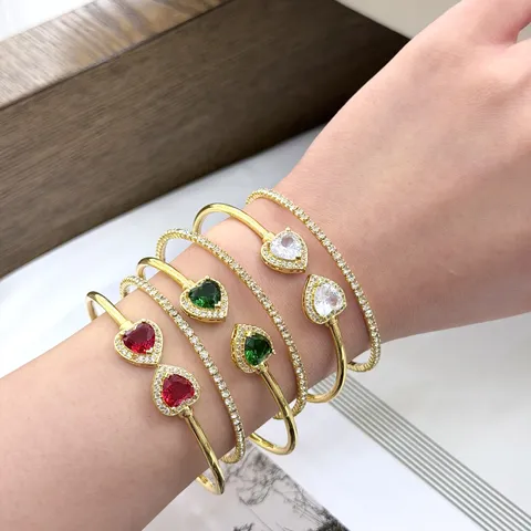 Braccialetto Rigido in Rame con Zirconia a Cuore per Donna Regolabile Placcato Oro 18K Doppio Strato a Cuore Gioielli