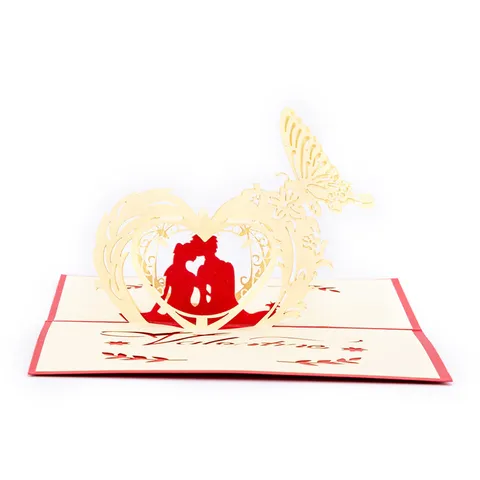 Romantic 3D Pop Up Greeting Card Specialty Paper Laser Cut Heart Butterfly Couples Silhouette Valentine Day Gift Card With Envelope