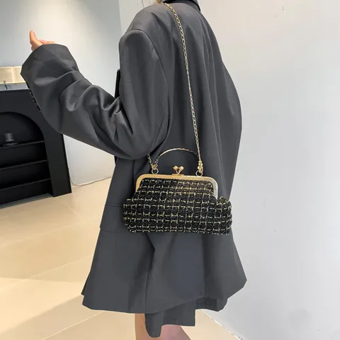 Retro Women Tweed Shoulder Bag Elegant Woven Chain Crossbody Bag With Metal Handle Small Square Purse For Daily Party