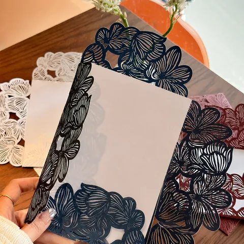 Elegant Hollow Floral Invitation Card Laser Cut Wedding Engagement Greeting Card With Envelope Ribbon For Party Blessing