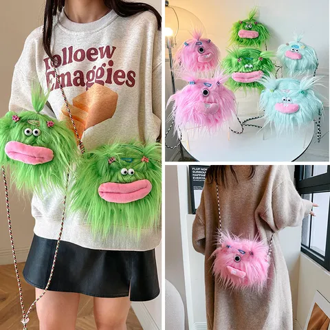 Ugly Cute Long Fur Monster Plush Crossbody Bag Funny Doll Mini Shoulder Bag For Women Gift
