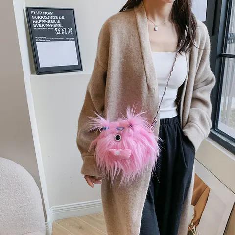 Ugly Cute Long Fur Monster Plush Crossbody Bag Funny Doll Mini Shoulder Bag For Women Gift