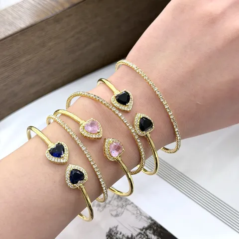 Braccialetto Rigido in Rame con Zirconia a Cuore per Donna Regolabile Placcato Oro 18K Doppio Strato a Cuore Gioielli