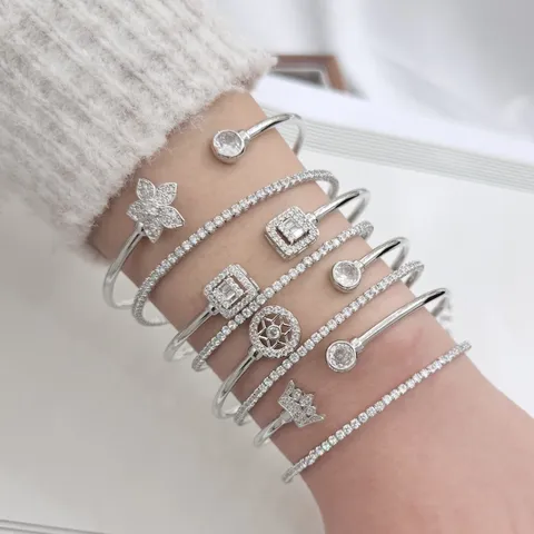 Leichter Luxus Zirkonia Krone Blume Armband Set Für Damen Legierung Reihdiamanten Doppellagiger Offener Verstellbarer Armreif Mode Schmuck