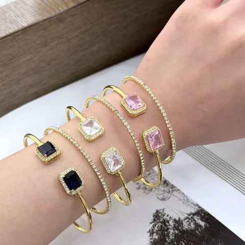 Bracciale Rigido Doppio in Zirconia Colorata Quadrata di Lusso Leggero Placcato Oro 18K Impilabile Geometrico Aperto per Donna Gioielli