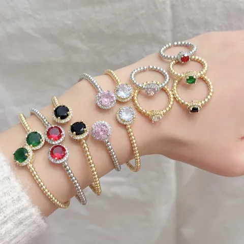 Bracciale E Anello Geometrico Rotondo in Zirconia Rame Placcato Oro 18K Micro-Intarsiato Regolabile Gioielli da Donna