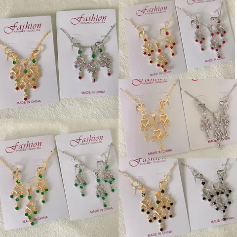 Set di Gioielli in Rame e Zirconia Vintage Francese Cuore Spiga di Grano Nappina Collana Orecchini Set Oro Argento Collana Orecchini Donna