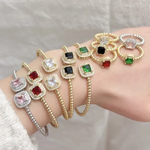 Set di Gioielli in Rame Zirconia Quadrato Geometrico Bracciale Anello Aperto Regolabile per Donna Tendenza Quotidiana Festa Elegante