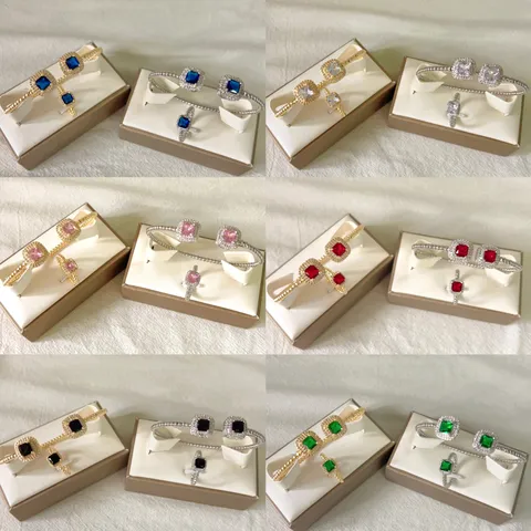 Set di Gioielli in Rame Zirconia Quadrato Geometrico Bracciale Anello Aperto Regolabile per Donna Tendenza Quotidiana Festa Elegante