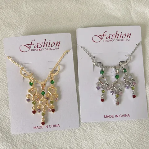Set di Gioielli in Rame e Zirconia Vintage Francese Cuore Spiga di Grano Nappina Collana Orecchini Set Oro Argento Collana Orecchini Donna