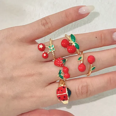 Anello Aperto Regolabile in Smalto alla Frutta Dolce Donna Rame Fragola Ciliegia Coccinella Strass Anello Gioielli