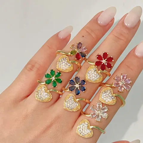 Anello Aperto in Rame con Strass a Forma di Fiore e Cuore per Donna Squisito Anello Regolabile Dolce Regalo Gioiello