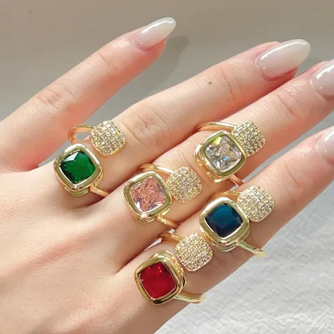 Anello Aperto Geometrico Quadrato Con Strass Da Donna Elegante Squisito Regolabile In Rame Con Strass Regalo Di Gioielli