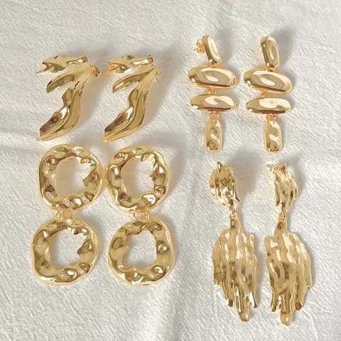 Vintage Gold Plated Stainless Steel Hammered Geometric Earrings For Women Irregular Circle Fluid Line Dangle Jewelry Gift