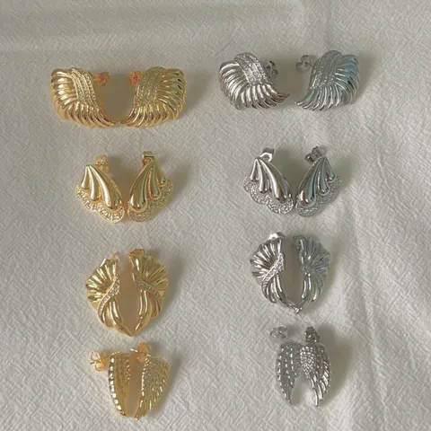 Orecchini a Bottone a Forma di Conchiglia e Ali di Angelo in Rame Stile Ins Placcati Oro Argento Strass Gioielli alla Moda Donna Accessori Festa