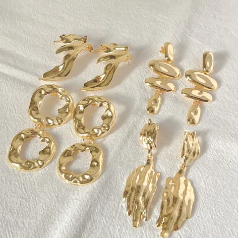 Vintage Gold Plated Stainless Steel Hammered Geometric Earrings For Women Irregular Circle Fluid Line Dangle Jewelry Gift