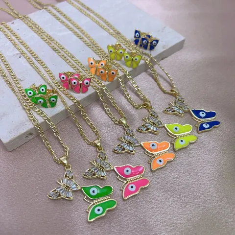 Collana Orecchini Gioielli in Rame Strass Farfalla Malocchio Occhio Blu Turco Smalto Ciondolo Collana Orecchini Gioielli