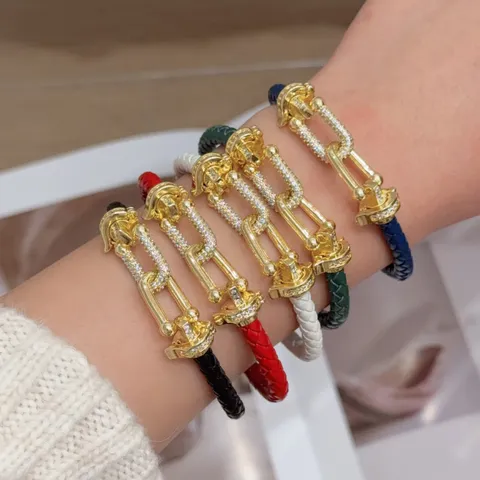 Bracciale in Corda di Pelle Intrecciata di Moda per Uomo Donna Rame Placcato Oro 18K Pavé Strass Fibbia a Forma di U T-Bar Bracciale di Coppia Gioielli di Lusso Regalo