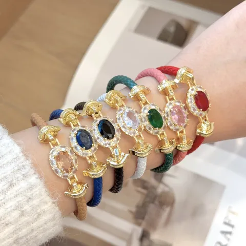 Lussuoso Bracciale Rigido Ovale in Zirconia Rame Placcato Argento Pelle Intrecciata Per Donna Gioielli Regalo