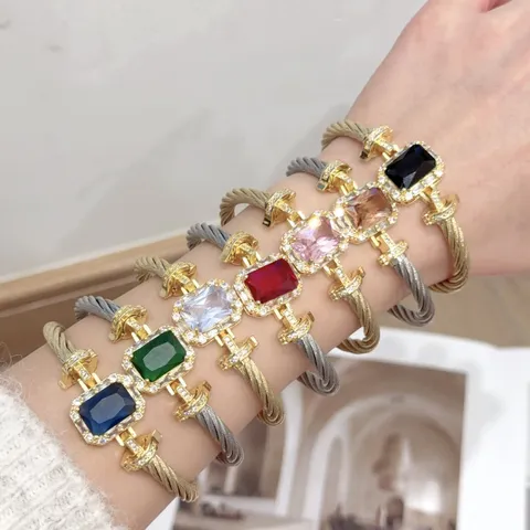 Vintage Lusso Lega Strass Cavo Intrecciato Bracciale Rigido da Donna Geometrico Quadrato Fascino Aperto Bracciale Elegante Gioielli Regalo