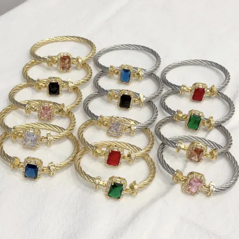 Vintage Lusso Lega Strass Cavo Intrecciato Bracciale Rigido da Donna Geometrico Quadrato Fascino Aperto Bracciale Elegante Gioielli Regalo