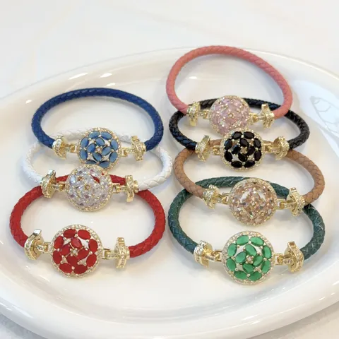 Luxus Vergoldetes Kupfer Strass Rund Anhänger Geflochtenes Leder Kordel Armband Für Damen Geometrisch Edel Modisch Pendeln Handschmuck
