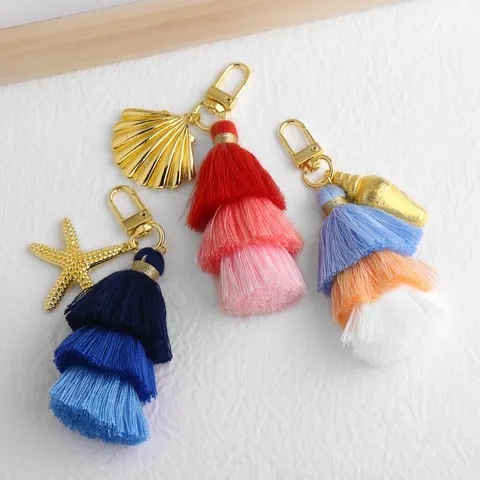 Bohemian Tassel Keychain Gold Plated Copper Seashell Starfish Bag Pendant For Women Boho Summer Ocean Style Bag Accessory