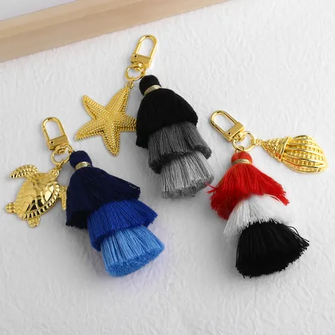 Porte-clés Pendentif Tortue de Mer Étoile de Mer Coquillage en Cuivre Électroplaqué Style Occidental Avec Gland en Tissu Dégradé pour Décoration de Sac Femme