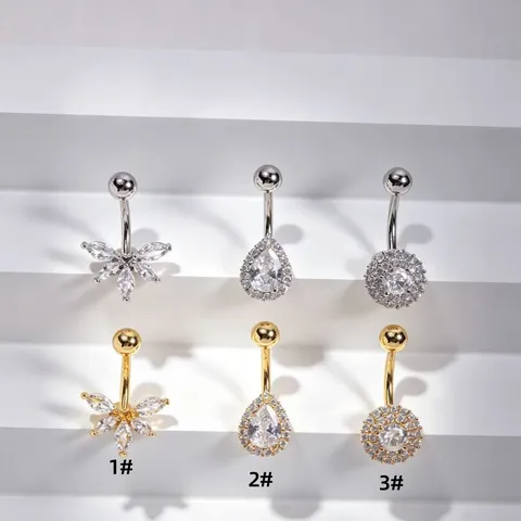 Sexy Belly Button Ring 316L Stainless Steel Bar Copper Micro Pave Zirconia Piercing Jewelry Flower Drop Round Body Jewelry Gift
