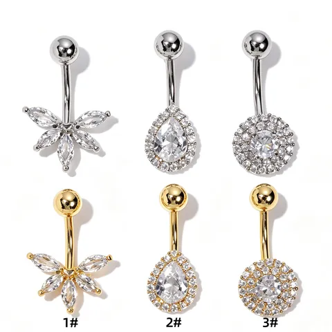Sexy Belly Button Ring 316L Stainless Steel Bar Copper Micro Pave Zirconia Piercing Jewelry Flower Drop Round Body Jewelry Gift
