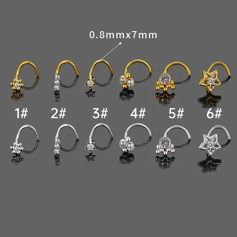 Stainless Steel Rhinestone Nose Stud S-Shaped Curved Bar Nose Ring Flower Star Body Piercing Stud Earring Fashion Body Jewelry