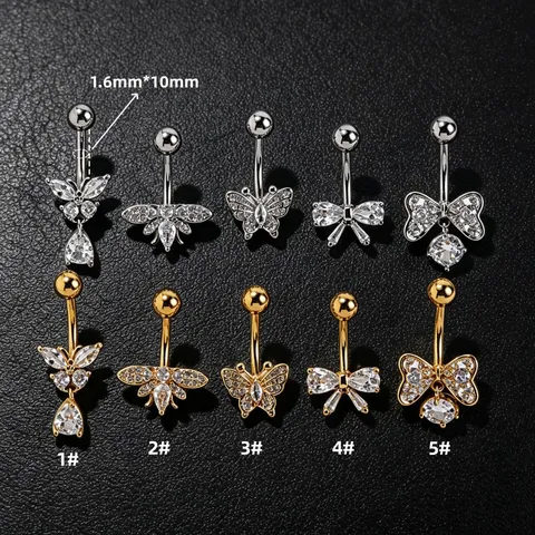 Butterfly Bowknot Zirconia Belly Button Ring 316L Stainless Steel Bar Copper Inlaid Zircon Navel Piercing Body Jewelry