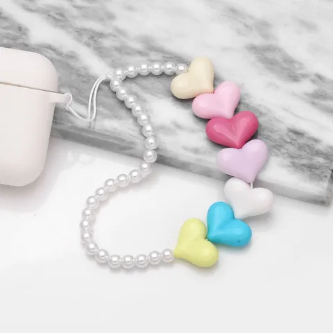 Sweet Color Resin Heart Phone Chain Artificial Pearl Beaded Anti-Lost Phone Charm Lanyard Cute Wrist Strap For Women Key Bag