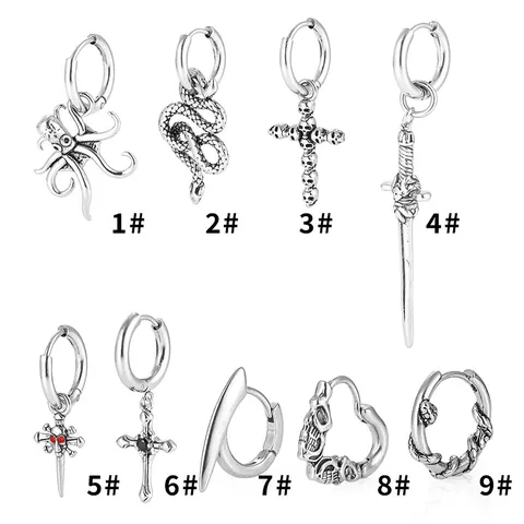 Retro Edelstahl Punk Totenkopf Schlange Kreuz Anhänger Creolen Für Herren Damen Gothic Hip Hop Ohrringe Schmuck Geschenk