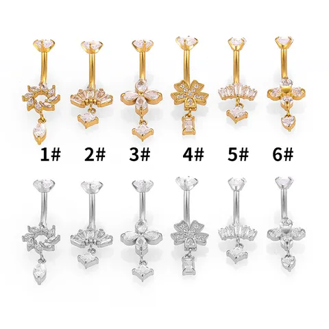 Piercing de Ombligo de Acero Inoxidable con Circonia Flor Corona Colgante Joyería de Piercing Corporal Mujer Oro Plata