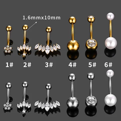 Piercing de Ombligo Curvado de Acero Inoxidable 316L Incrustado de Strass Corona Flor Perla Artificial Joyería de Perforación