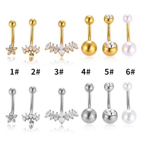316L Edelstahl Gebogener Bauchnabelring Eingelegt Strass Krone Blume Künstliche Perle Körper Piercing Nabel Ring Schmuck