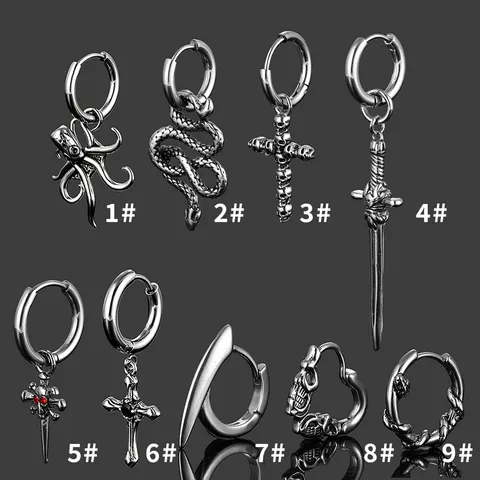 Retro Edelstahl Punk Totenkopf Schlange Kreuz Anhänger Creolen Für Herren Damen Gothic Hip Hop Ohrringe Schmuck Geschenk