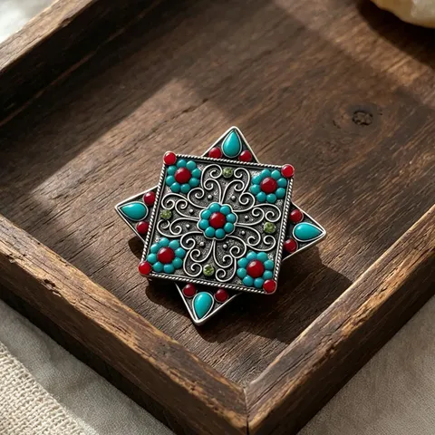 Broche Étnico Retro Estrella de Ocho Puntas Tallado Aleación de Zinc Plata Antigua Diamantes de Imitación Alfiler Para Abrigo Chal Unisex Joyería