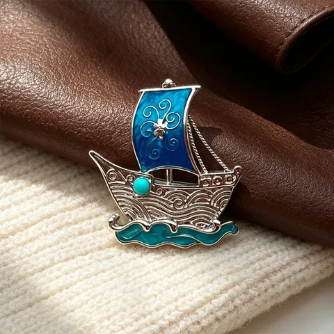 Retro Marine Style Sailing Boat Brooch Zinc Alloy Enamel Imitation Turquoise Suit Pin Jewelry For Men Women