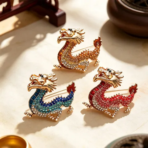Vintage Zinc Alloy Dragon Brooch With Colorful Rhinestones Chinese Style Animal Chest Pin Costume Accessory Jewelry Gift For Banquet Unisex