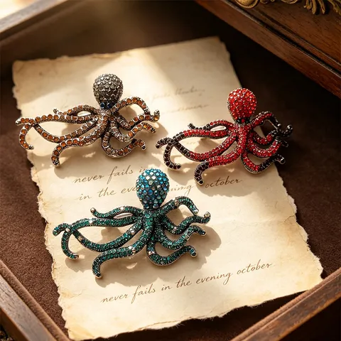Vintage Zinc Alloy Rhinestone Octopus Brooch Luxury Marine Life Costume Pin Jewelry For Coat Suit Accessories Unisex