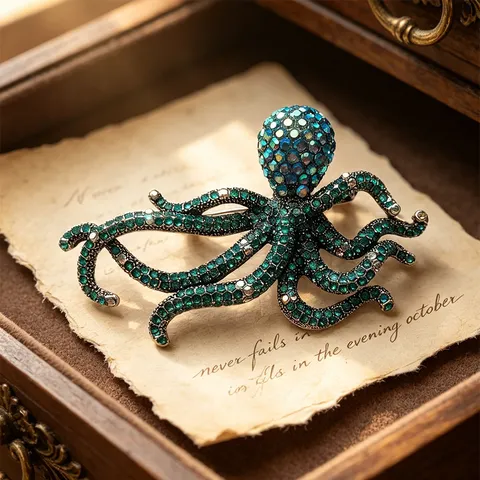 Vintage Zinc Alloy Rhinestone Octopus Brooch Luxury Marine Life Costume Pin Jewelry For Coat Suit Accessories Unisex