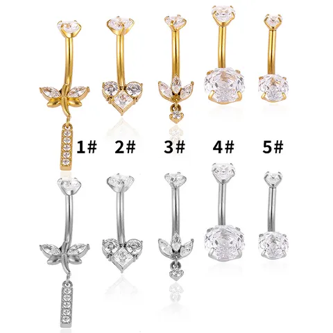 Piercing para Ombligo de Acero Inoxidable 316L con Circonia Rosca Interna Barra Curva Joyas para Piercing Corporal Corazón Libélula