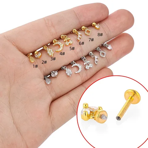 Stainless Steel Zirconia Heart Moon Cherry Lip Piercing Stud Earrings Internal Thread Lip Stud Ear Bone Nail Piercing Jewelry For Women
