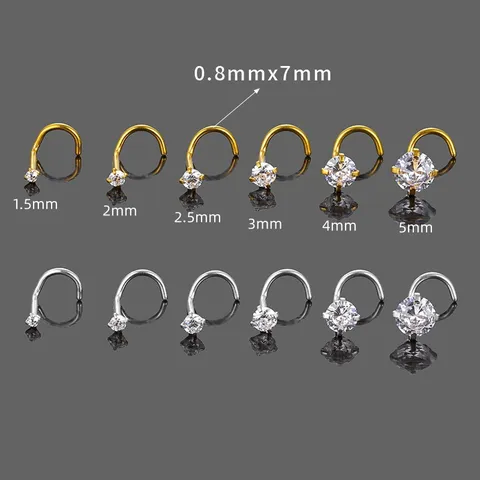 316L Edelstahl Krallenfassung Rund Zirkonia Nasenstecker Gebogen S-Stab Nasenring Körperpiercingschmuck Für Damen Herren Gold Silber Zirkonia Piercing Zubehör