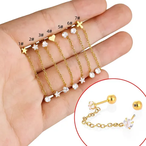 Boucles d'Oreilles Doubles Clous en Acier Inoxydable 316L Avec Chaîne Cœur Étoile Croix Strass Piercing Cartilage Bijoux Punk pour Femmes Hommes