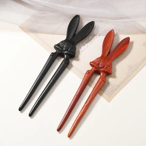 Vintage Chinese Sandalwood Rabbit Hairpin U-Shaped Wooden Hair Stick For Women Handmade Retro Hair Styling Daily Headpiece
